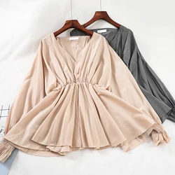 2024 Women Autumn Deep V-Neck Long Batwing Sleeve Basic Pleated Shirt Lady Elastic Slim High Waist Pullover Ruffles Blouse Tops