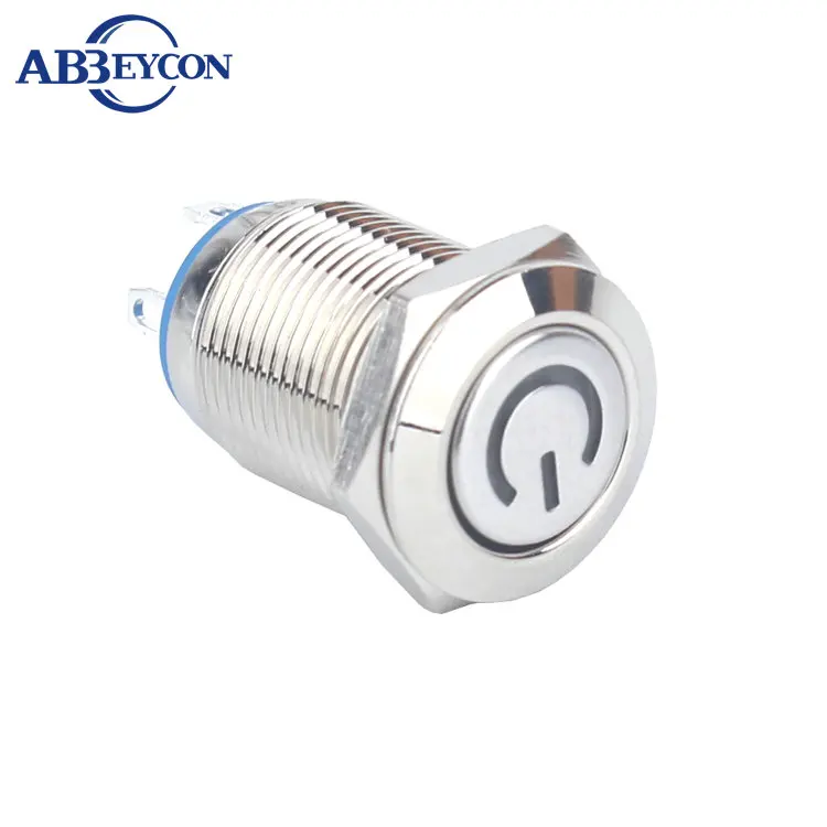 12mm 12V  Blue led Logo Illuminated Power Symbol Light Brass Flat Round Head Momentary Push Button Metal Shell Mini Switch