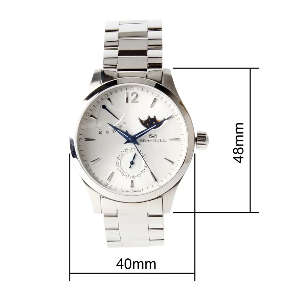 Genuine Seagull Moon Phase Power Reserve Date Exhibition Back Automatic Men's Dress Watch Sea-gull 816.423 White Dial