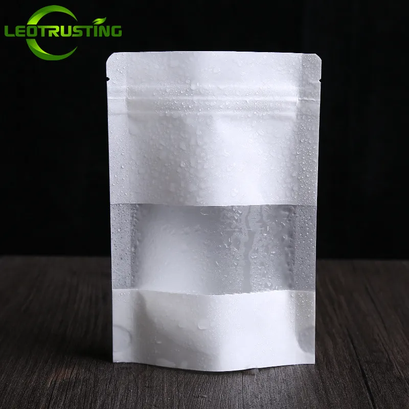 100pcs Stand Up White Paper Frosted Window Zip Lock Bag Resealable Snack Nuts Coffee Powder Biscuits Beaf Spice Storage Pouches