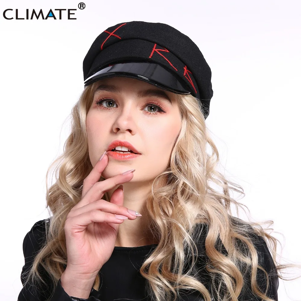 CLIMATE Women Navy Sailor Cap Fashion Military Army Caps Logo Punk PU Hat Cool Fashion Marine Hat Caps for Woman Lady Girls