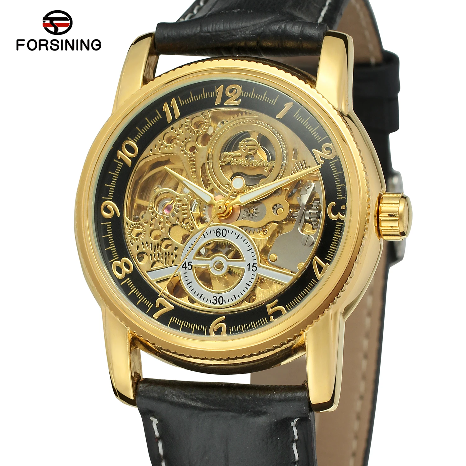 Fashion Forsining Hollow Engraving Skeleton Casual Designer Black Golden Case Gear Bezel  Men Luxury Brand Automatic Wrist Watch