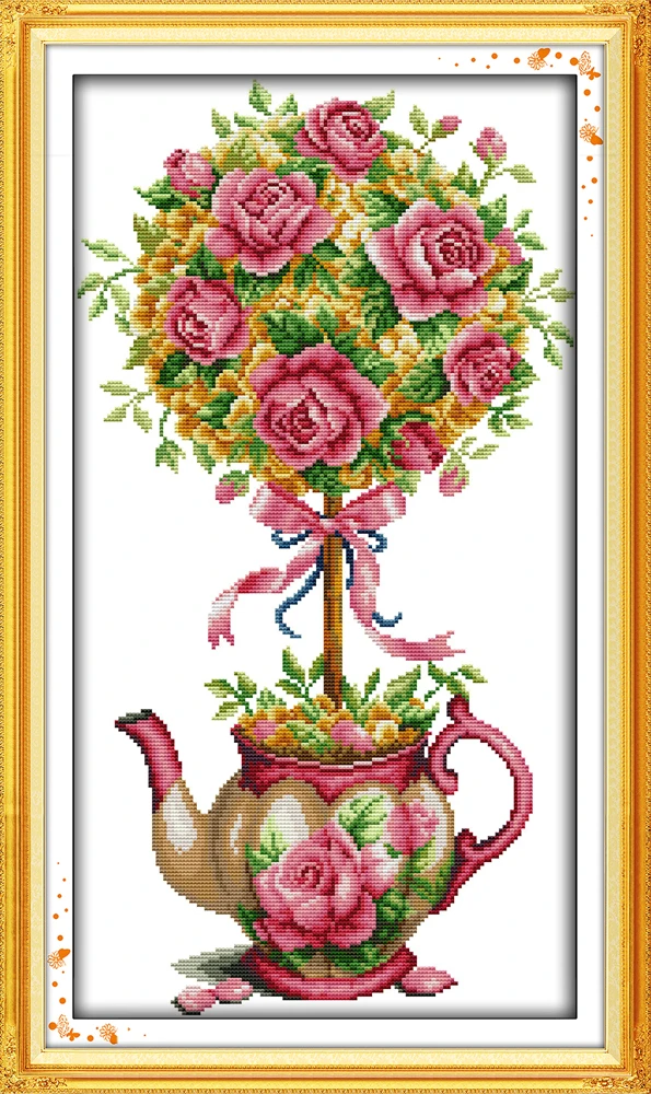 

Needlework,DMC Cross stitch,Set For Embroidery kits,red rose flower bouquet teaport print counted pattern Cross-Stitch Gift