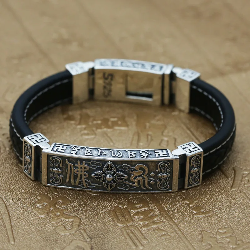 

S925 Sterling Silver Jewelry Vintage Thai Silver Leather Bracelet Personality Men's Six Words Mantra Braceful With The Safe New