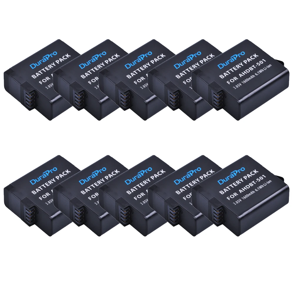 

DuraPro 10pcs 1600mAh AHDBT-501 Rechargeable Li-ion Battery for Gopro Hero 5/ 6 Go pro 5 6 AHDBT 501 Camera