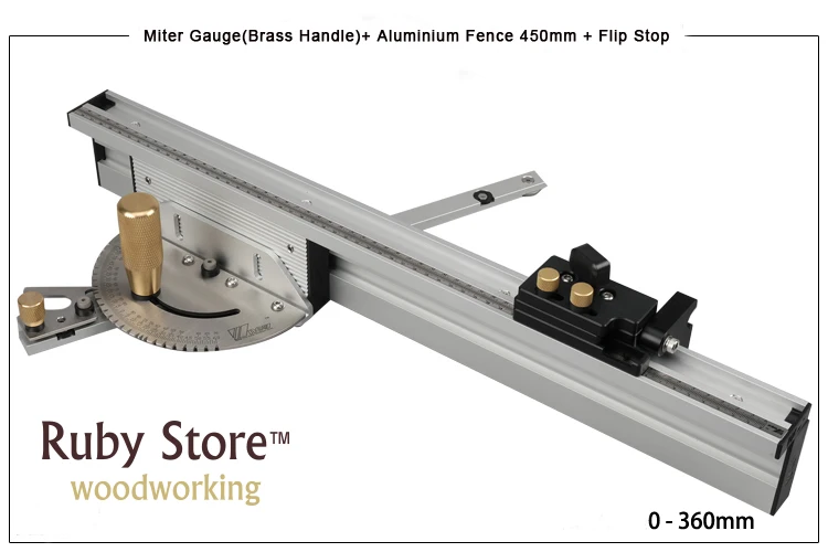 Miter Gauge + Aluminium Fence 450mm/600mm + Flip Stop, Brass/Aluminum Handle for you to choose