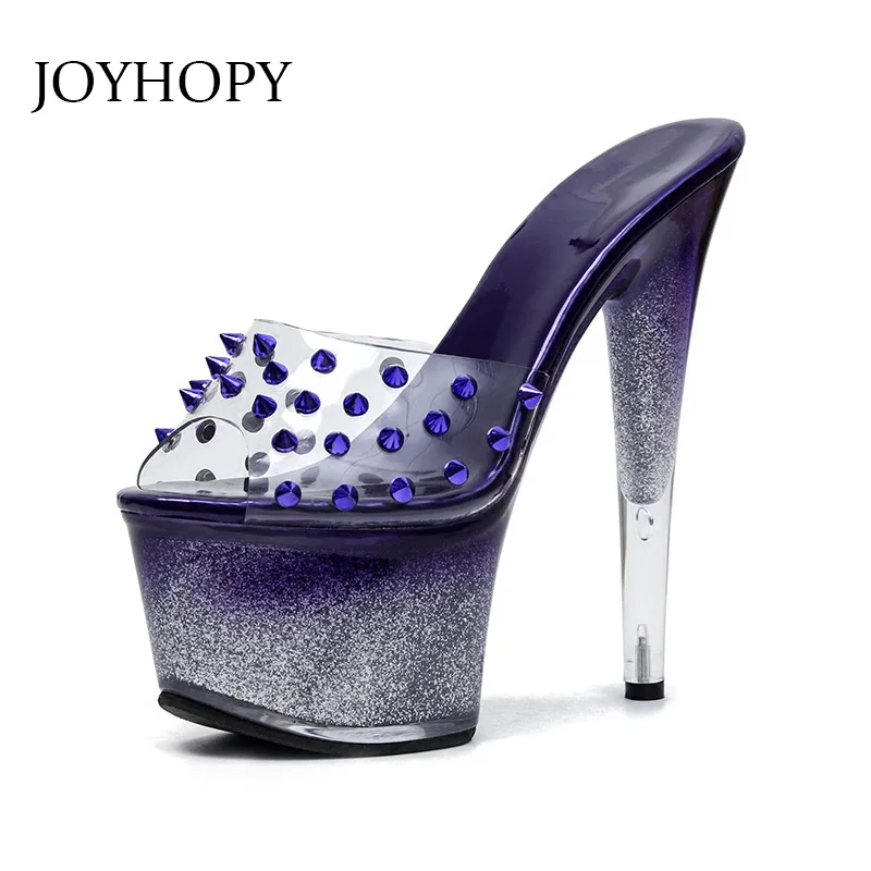 

2018 New 15/17cm Rivet Platform Sandals Flash Crystal Nightclub Steel Tube Dance Performance Model Show High Heel Shoes WS1768