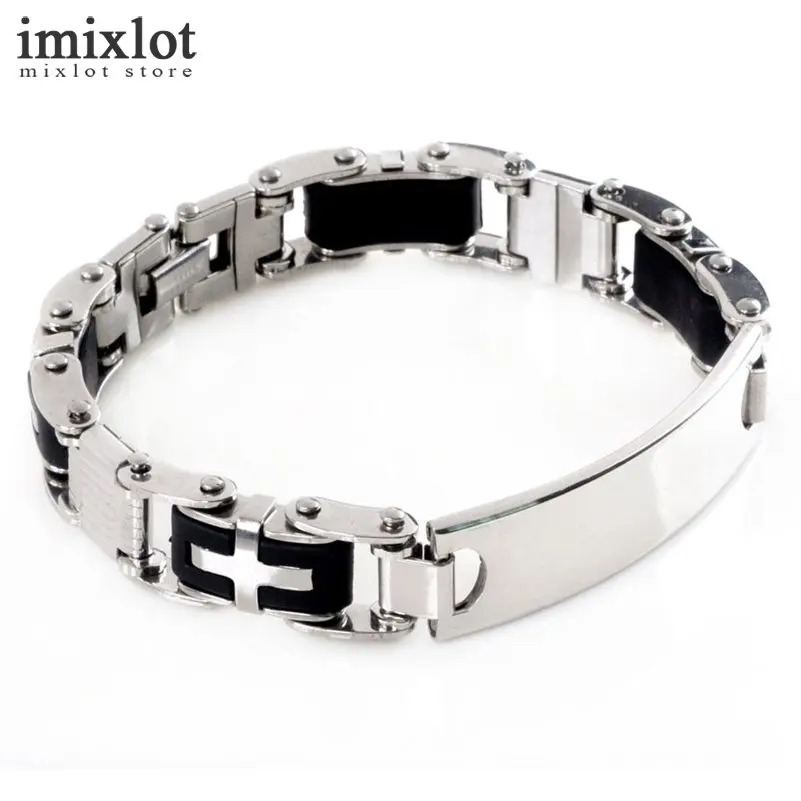 Men Stainless Steel Link Chain Bracelets & Bangles Men\'s Cuff Wristband Biker Motorcycle Black Silicone Bracelet