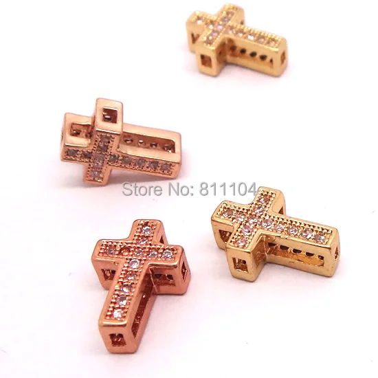 11x7.5mm Hollow Micro Pave Brass Metal Zircon CZ Crystal European Charms Spacer Beads Cross Connector Jewelry Findings Settings