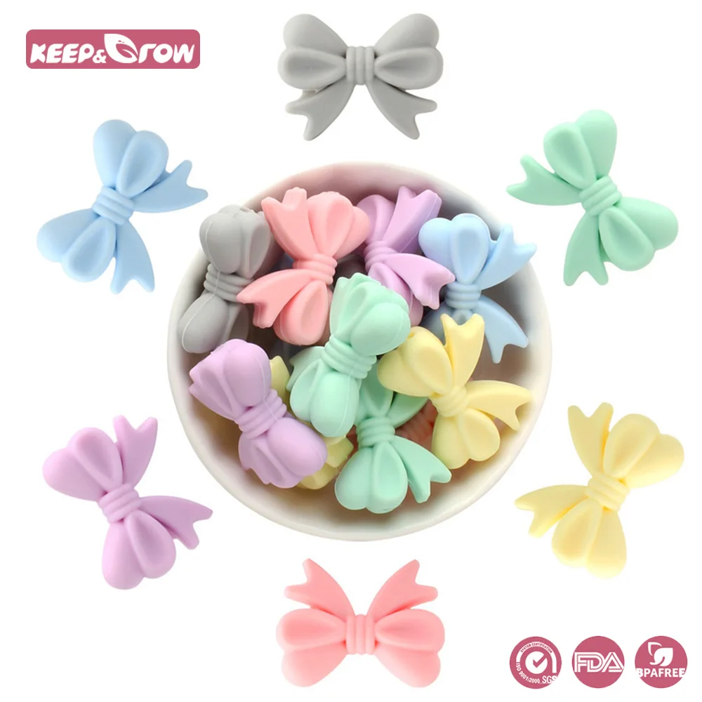 10pcs Silicone Bow Beads Food Grade Baby Teethers Chewable Baby Teething Beads DIY Infant Pacifier Chain Pendant Accessories