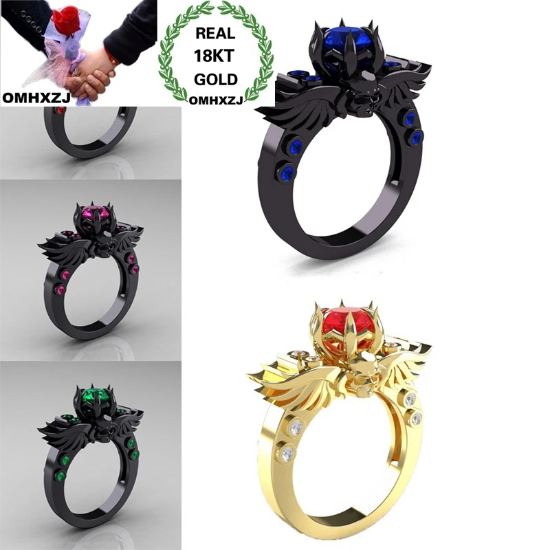 OMHXZJ Wholesale European Fashion Woman Girl Party Birthday Wedding Gift Punk Green AAA Zircon 18KT Gold Black Gold Ring RR975