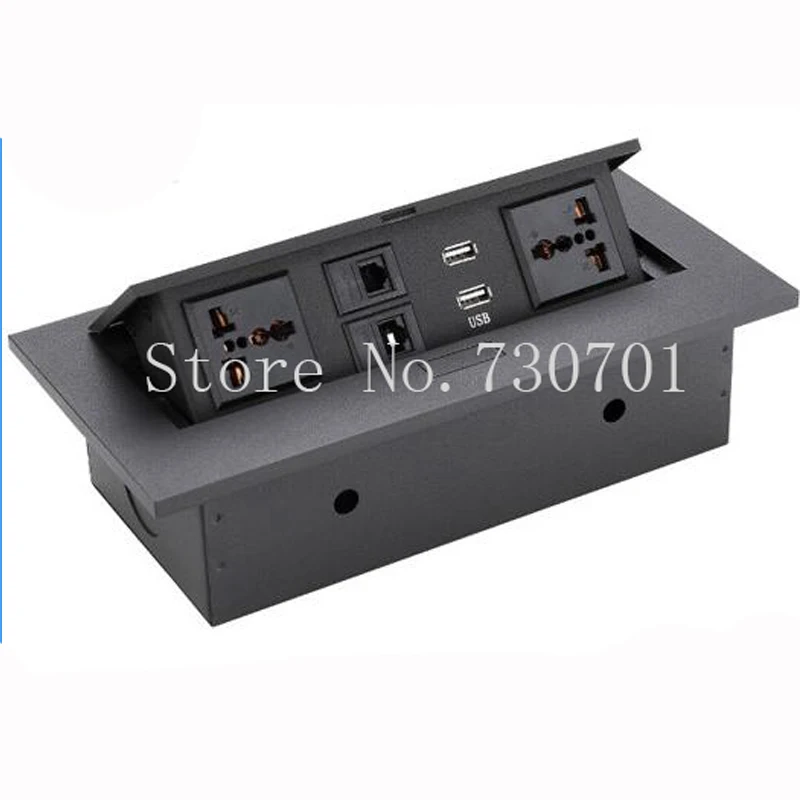 Universal three inserted multifunctional tabletop french socket with RJ45 black/silver free shipping