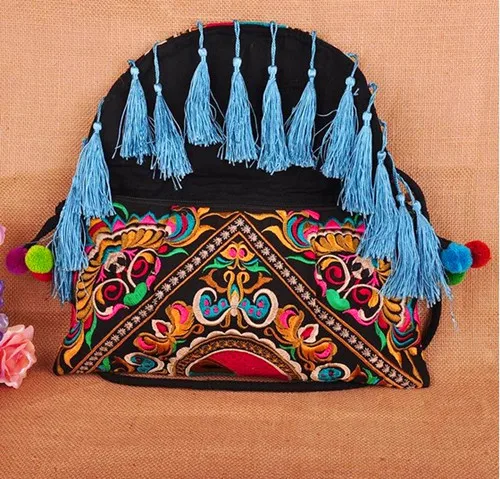 Ethnic embroidery bags Canvas Messenger Shoulder bags Handmade Tassel Woman bags