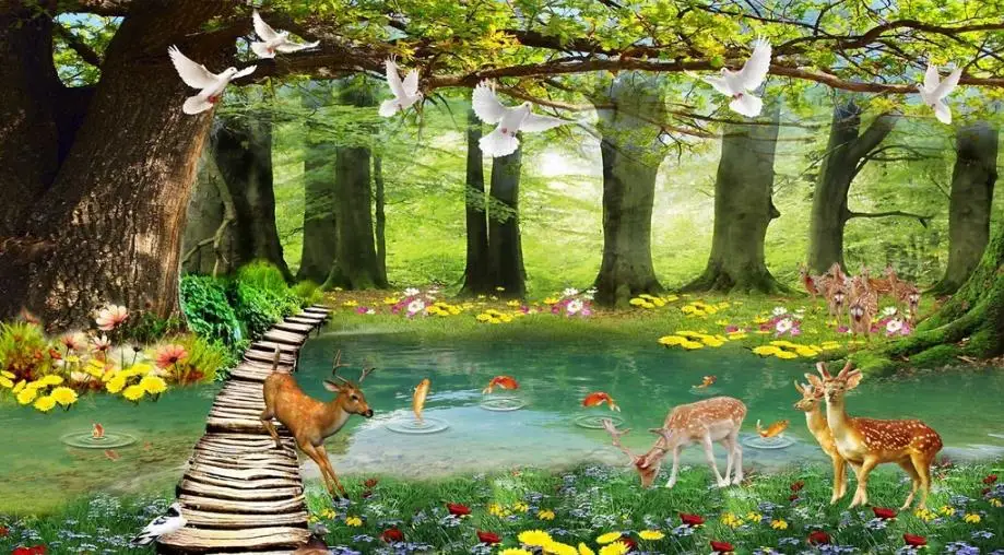 

3D Wallpaper Tree sika deer Mural Wallpaper Living room Bedroom Forest Background Decoration Wall Painting