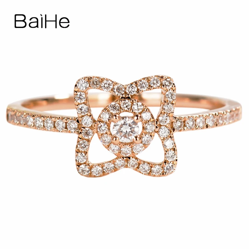 

BAIHE Solid 14K Rose Gold 0.22ct H/SI Natural Diamond Flower Ring Women Wedding Trendy Wedding Fine Jewelry Making Anel de Flor