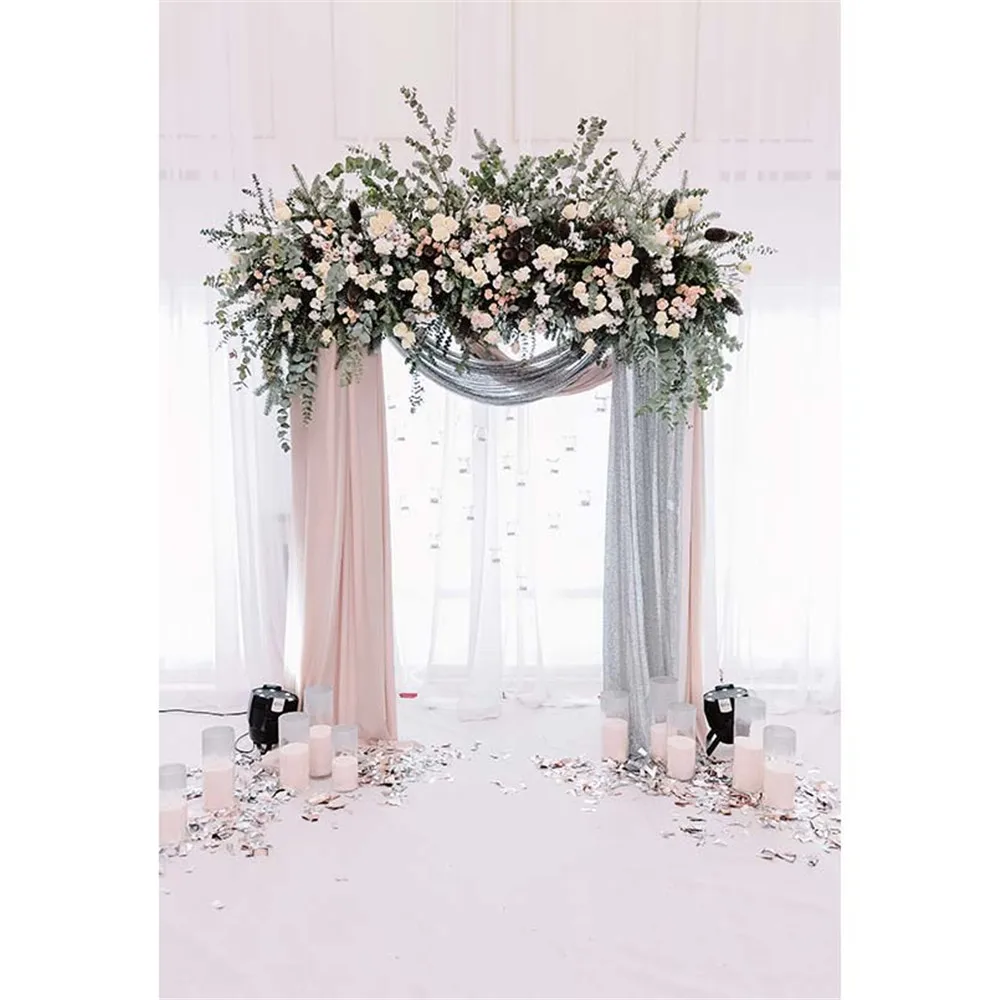 

Digital Printing Flowers Arch Backdrop for Wedding Photography Bright Window White Curtain Indoor Party Photo Booth Background