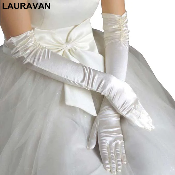 Guantes de novia para boda, manoplas largas de satén con cuentas, color blanco, rosa y azul, elegantes, 1 par