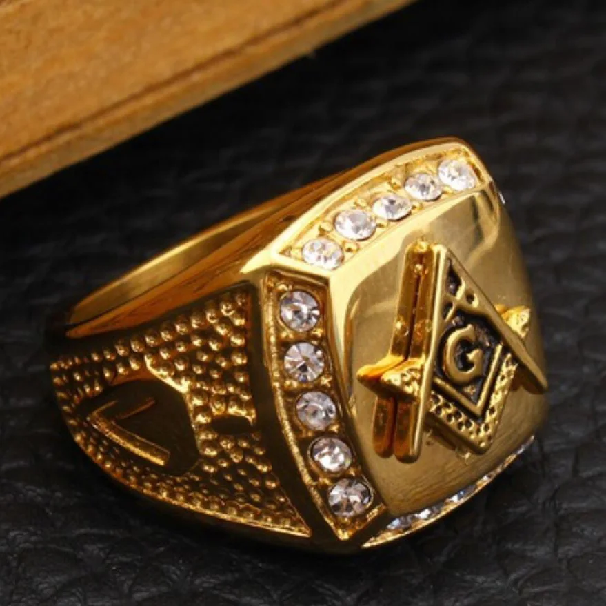 316L Stainless Steel Cool Gold Color Freemason Ring Men Hip Hop Iced Out Bling Crystal Masonic Rings Fashion Jewelry