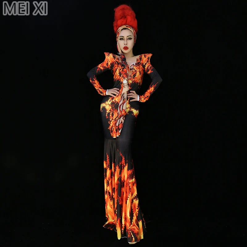 Atmospheric flame print rhinestone dress birthday celebration party banquet evening dress concert dance singer costume