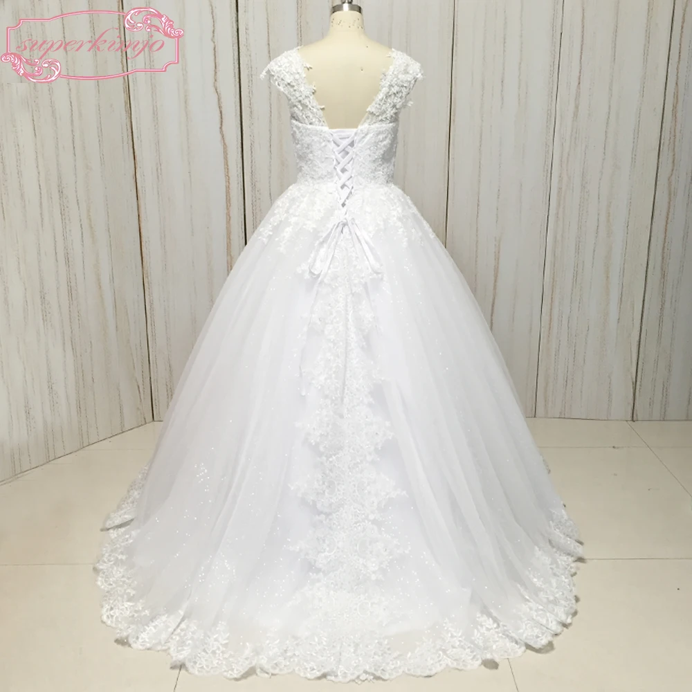 Vestido de noiva 2020, vestidos para baile de casamento, gola em v, apliques de renda, lantejoulas, cauda