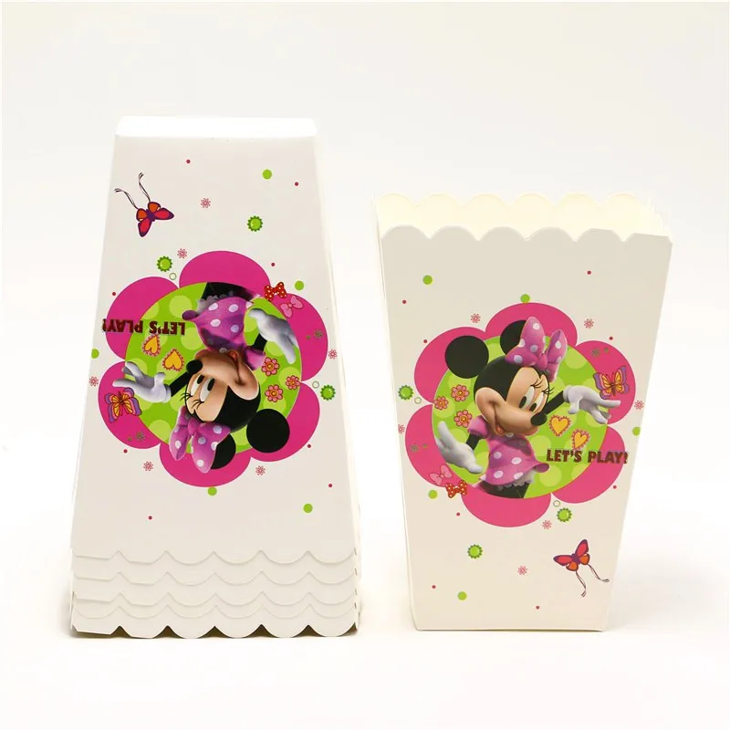 Disney Minnie Mouse 6pcs/lot Paper Popcorn Box Event Party Candy Gift Box Boy Girl Birthday Party Disposable Snack Box Supply
