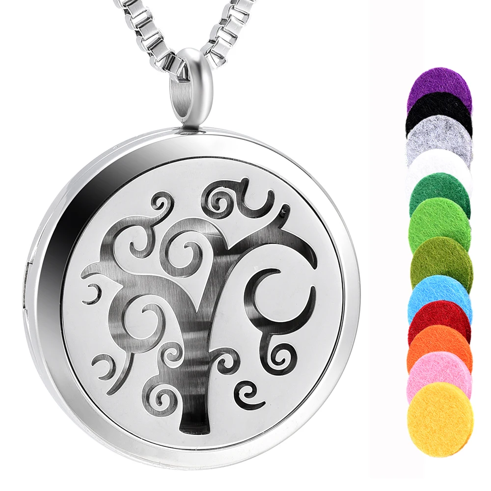 

30mm Aromatherapy Essential Oils Necklace Tree of Life Perfume Diffuser Stainless Steel Magnet Locket with 12pcs Refill Pads