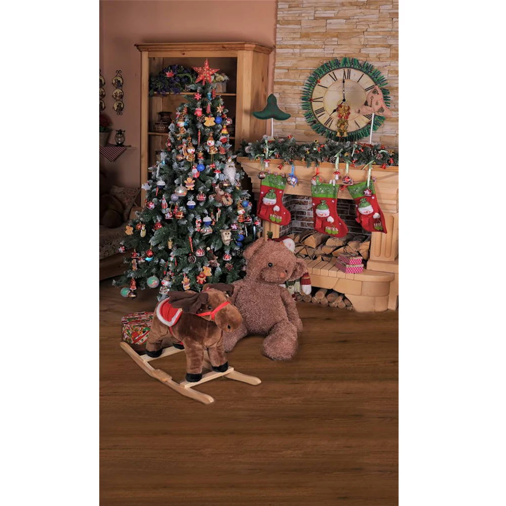 

Baby Kids Xmas Backdrop Printed Toy Bear Wood Horse Clock Fireplace Presents Decorated Christmas Tree Children Photo Backgrounds