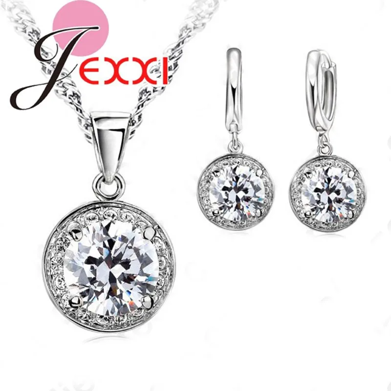 New Wedding Fine Jewelry Sets Real Pure 925 Sterling Silver Cubic Zircon CZ Pendant Necklaces Earring Jewelry  Set