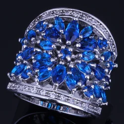 Very Good Huge Dark Blue Cubic Zirconia White CZ Silver Plated Ring V0157