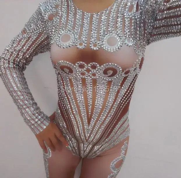 Fashion Sexy 2017 Crystals Jumpsuit Women's Rhinestone Rompers Outfit Dance Stage Show Nightclub Costume Singer Leotard Wear