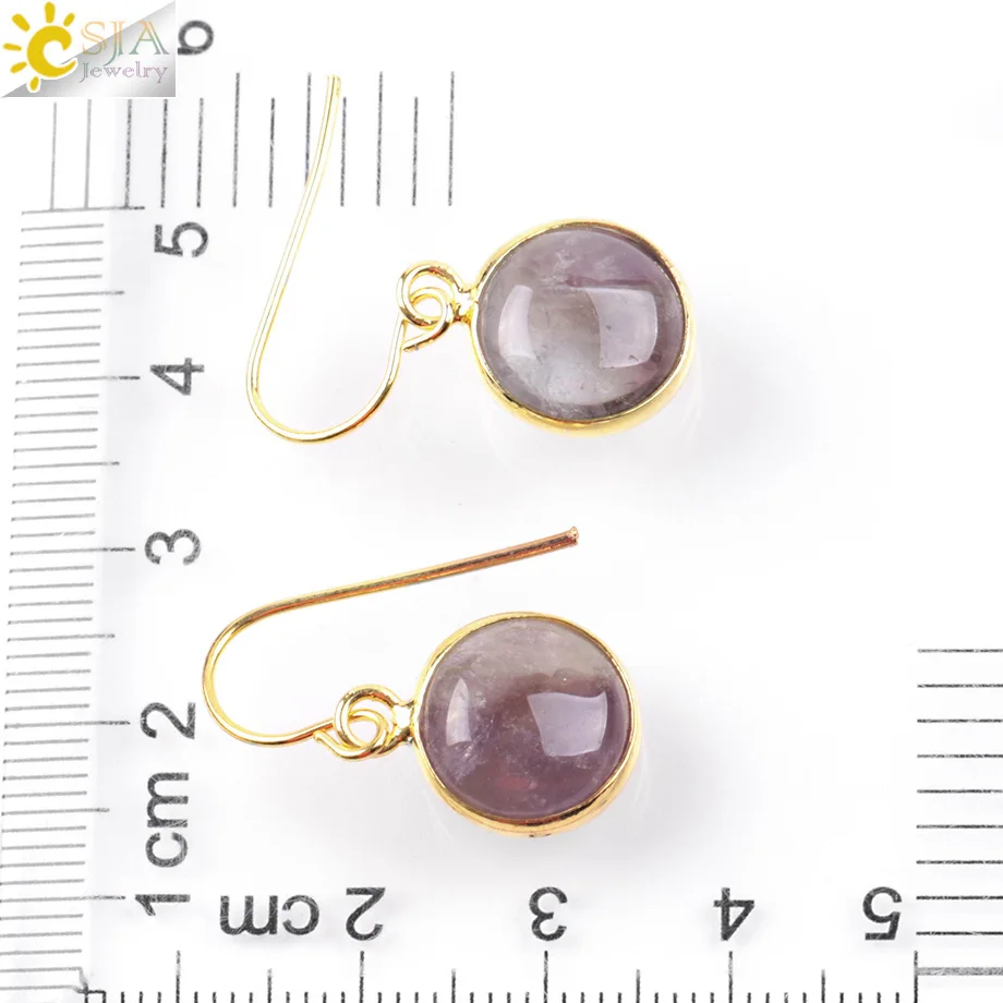 CSJA Vintage Round Gem Stone Bead Pendant Gold Color Copper Hook Drop Earring Women Summer Beach Jewellery Birthday E092