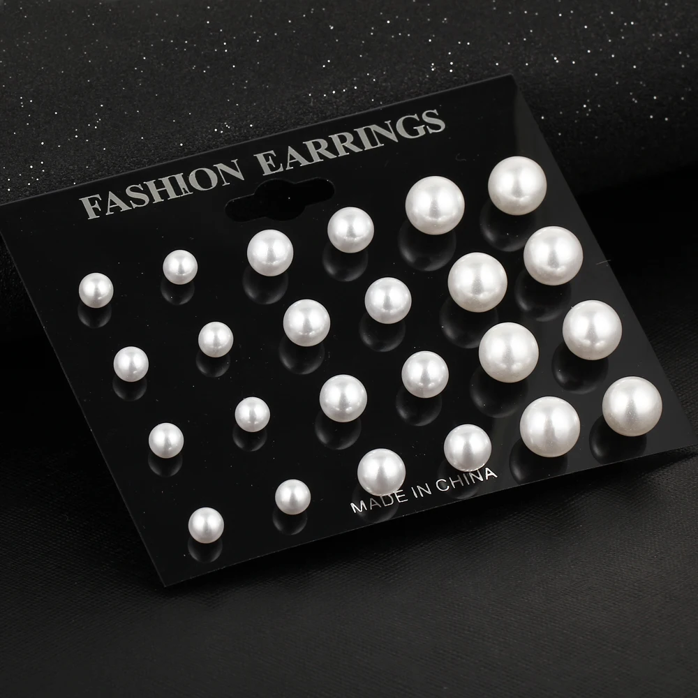 12 Pairs/ Set  Round Simulated Pearl Stud Earring Set Classic Wedding Bridal Party Fashion Jewelry For Women Brincos Bijoux Gift