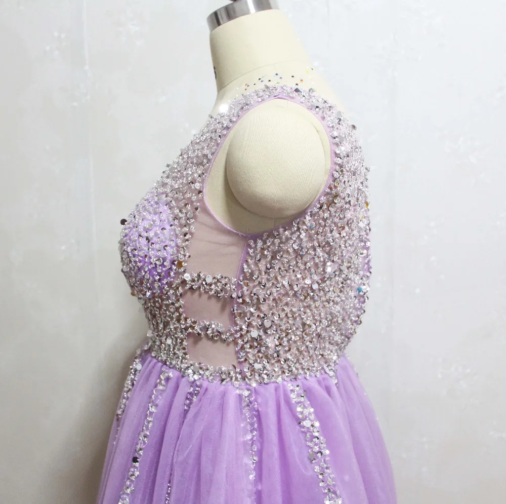 2019 Sexy Vestidos De Fiesta Mergulhando V Neck Frisada Cristais Illusion Mangas UMA Linha Lavanda Vestidos De Noite