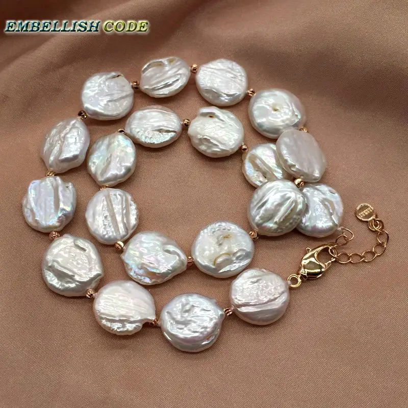 

baroque pearl choker statement necklace white color round coin flat shape natural freshwater pearls with red golden 3mm beads