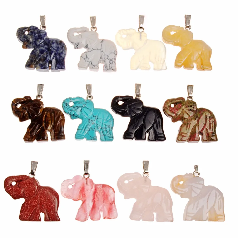 

6 Pieces Mix Style 32*45mm Elephant Statue Crafts Natural Stone Carved Figurine Chakra Carving Stones Charms Finding Pendants