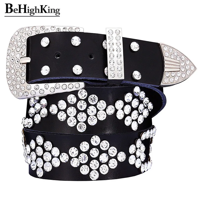 Fashion Genuine leather rhinestone belts for women High quality diamond cow skin belt woman Waist strap for jeans 3.3 CM wide