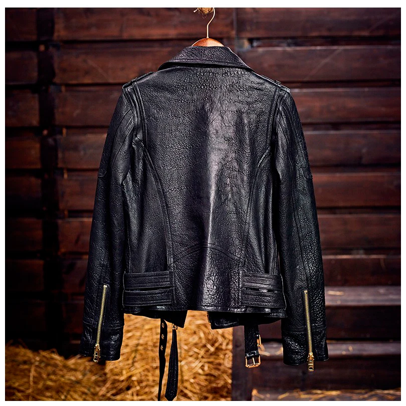 Women's Leather Jacket Short Paragraph Slim  SheepSkin Motorcycle Jacket