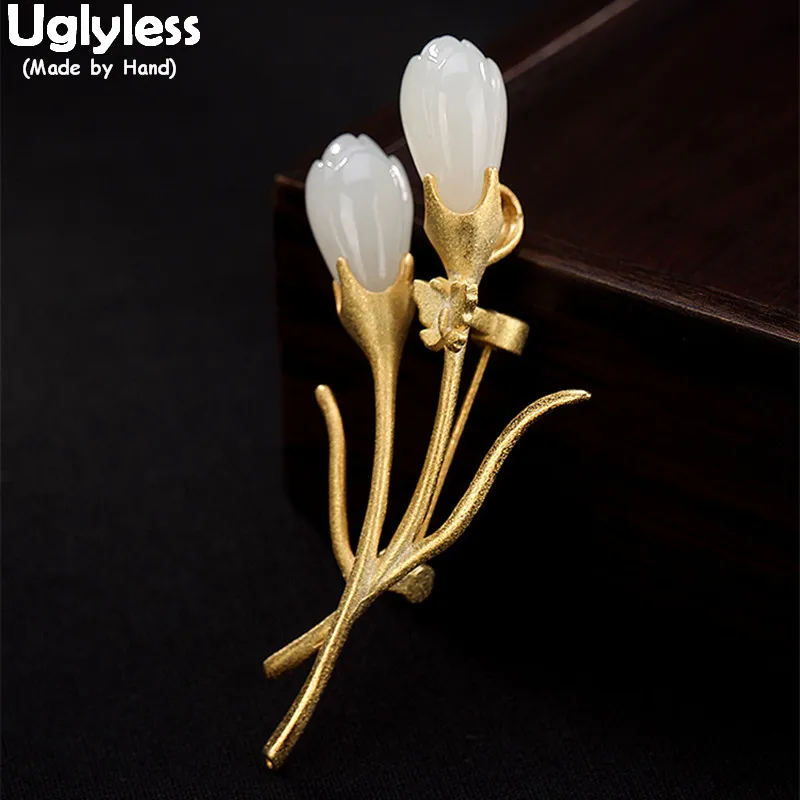 

Uglyless Real Solid 925 Sterling Silver Natural Jade Magnolia Pins for Women Evening Dress Brooches Dual Use Flower Pendants