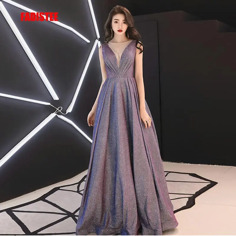 

FADISTEE New arrival modern party dress evening dresses prom lace A-line sexy Transparent V-neck bling satin lace-up 2019