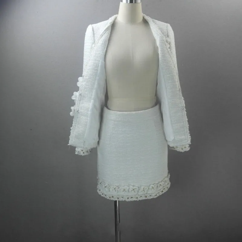 Luxury Elegant Lady White Flower Patchwork Tweed Jacket Wrap Skirt Two Piece Set Women Outfits Pearls Beading V Neck Office Suit