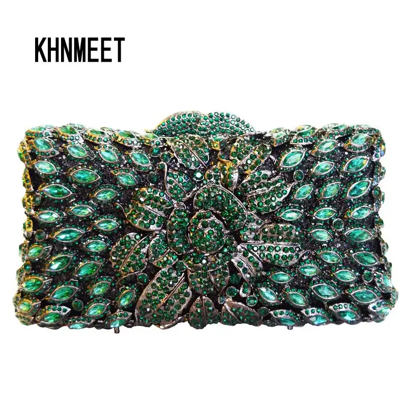 KHNMEET Handmade Women Handbag Green Diamante Evening Bag Crystal Clutch Purse Rose Flower Hollow Out Party Wedding Bag SC230