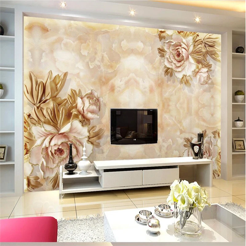 

beibehang papel de parede,European Marble Peony Relief Background Wall TV Sofa Background Wallpaper 3d Fresco Sticker Bedroom