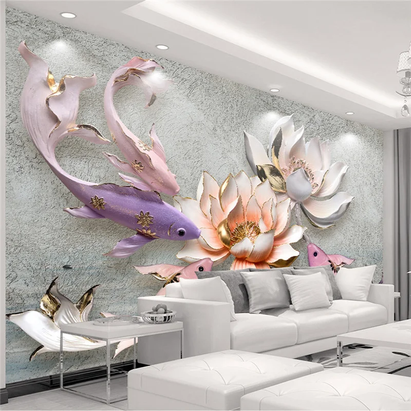 

Photo Wallpaper 3D Stereo Relief Lotus Fish Mural Living Room Study Backdrop High Quality Interior Home Decor Papel De Parede