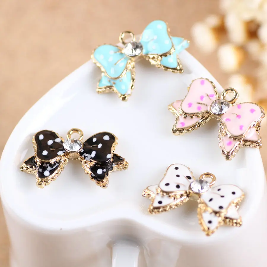 

50PCS/Lot Polka Dots Rhinestone Core Bow Knot Bow Enamel Necklace Pendants Ornament Accessory MEtal Charms For Bracelet Making