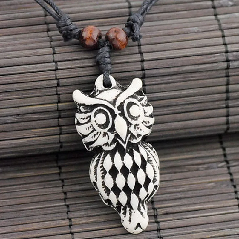 Fashin Men Women's Imitation Yak Bone Carved Trbial Owl Pendants Necklace Gift MN451