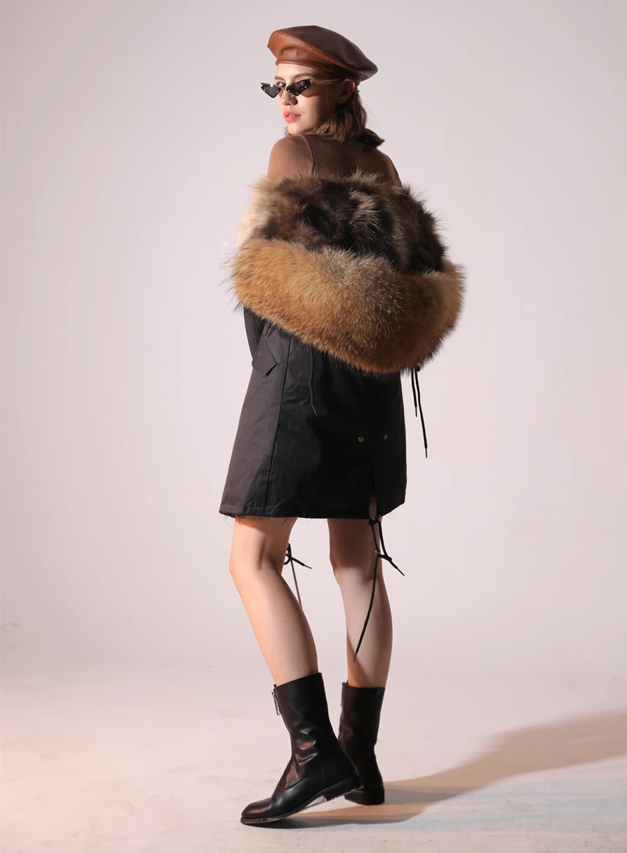 Echter Pelzmantel Winterjacke Damen Langer Parka Wasserdicht Großer Natürlicher Waschbärpelzkragen Kapuze Dick Warm Echter Fuchspelz-Futtermantel – Detail 16