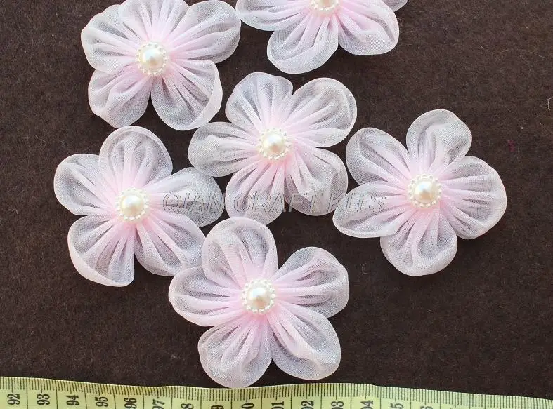 100 pcs pink Bridal silk flowers with pearl flower center, silk hair flowers, silk organza flowers