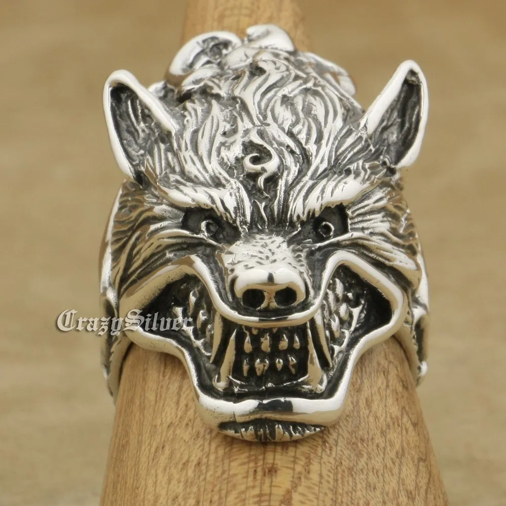 LINSION 925 Sterling Silver Werewolf Grinning Wolf High Details Mens Biker Rock Punk Ring TA21