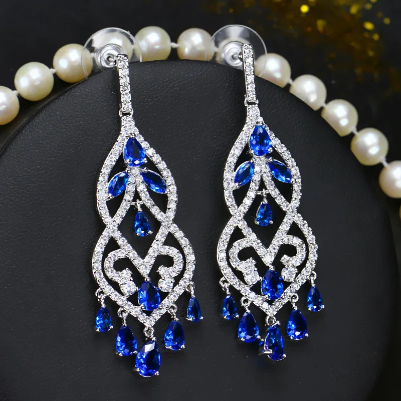 ANGELCZ Brand Ear Jewellery Fancy Chandelier Drop Inlay Royal Blue Austrian Crystal Evening Party Big Earrings For Ladies AE100 image 5