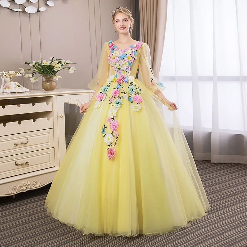 Trajes De Quinceaneras 2022 Nieuwe Gele V-hals Lange Mouwen Jurken Kant Bloem Plus Size Custom Made Prom Gown L